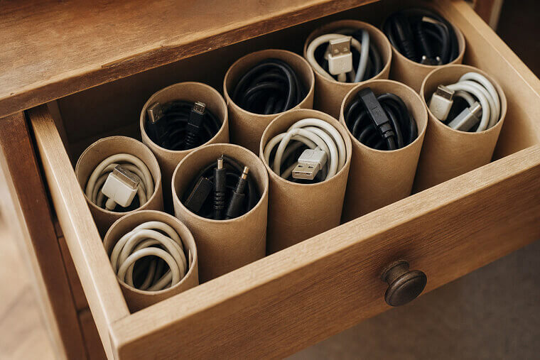 Store Extra Cables Inside Labelled Toilet Paper Rolls