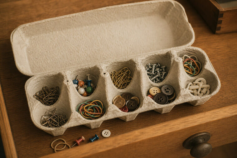 Repurpose Egg Cartons in Drawers to Hold Small Odds