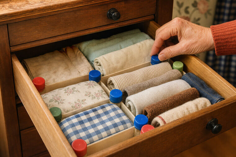 Glue Plastic Bottle Caps to Drawer Bottoms for Divider Posts