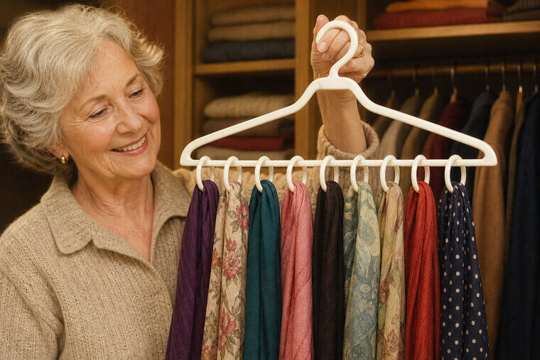 Hang Shower Curtain Rings on a Hanger for Organizing Scarves