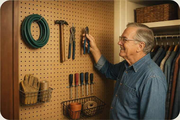 Use Pegboards on Closet Walls for Customizable Hanging Storage