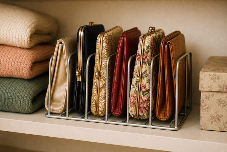 Use File Sorters on Shelves to Stack Clutch Purses