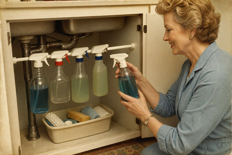 Use Tension Rods Under the Sink to Hang Spray Bottles