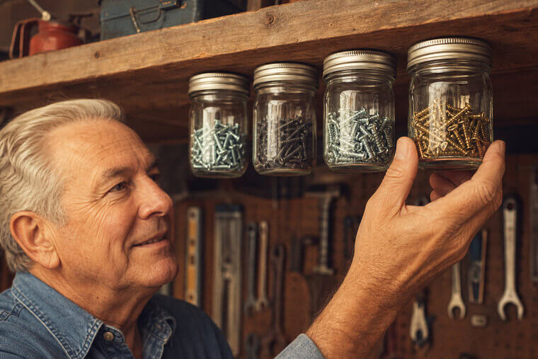 Use Empty Mason Jars Attached Under Shelves for Hardware