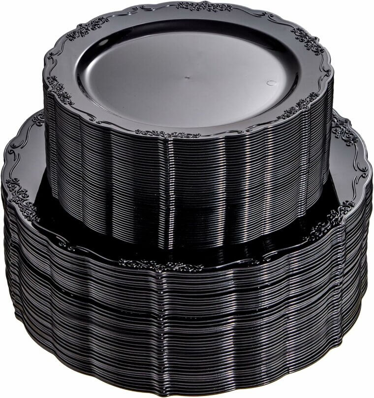 Elegant Black Plastic Plates for Parties & Weddings 