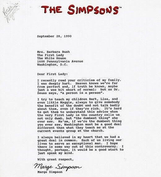 First Lady Barbara Bush Made A Public Apology To Marge Simpson