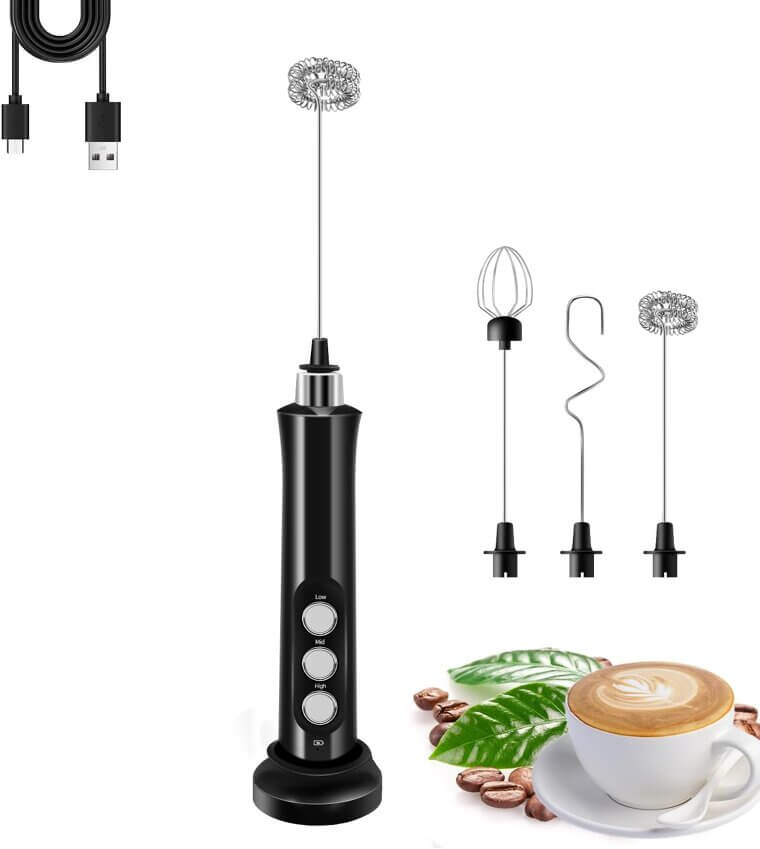 Rechargeable Milk Frother - Versatile Handheld Mixer with 3 Whisks - Enjoy 20% Off!