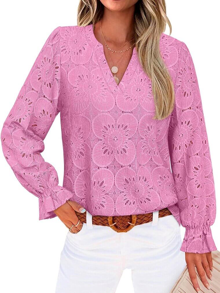 RUMIA Lace Blouse - Elegant V-Neck, Embroidered & Lined - Now 25% Off!