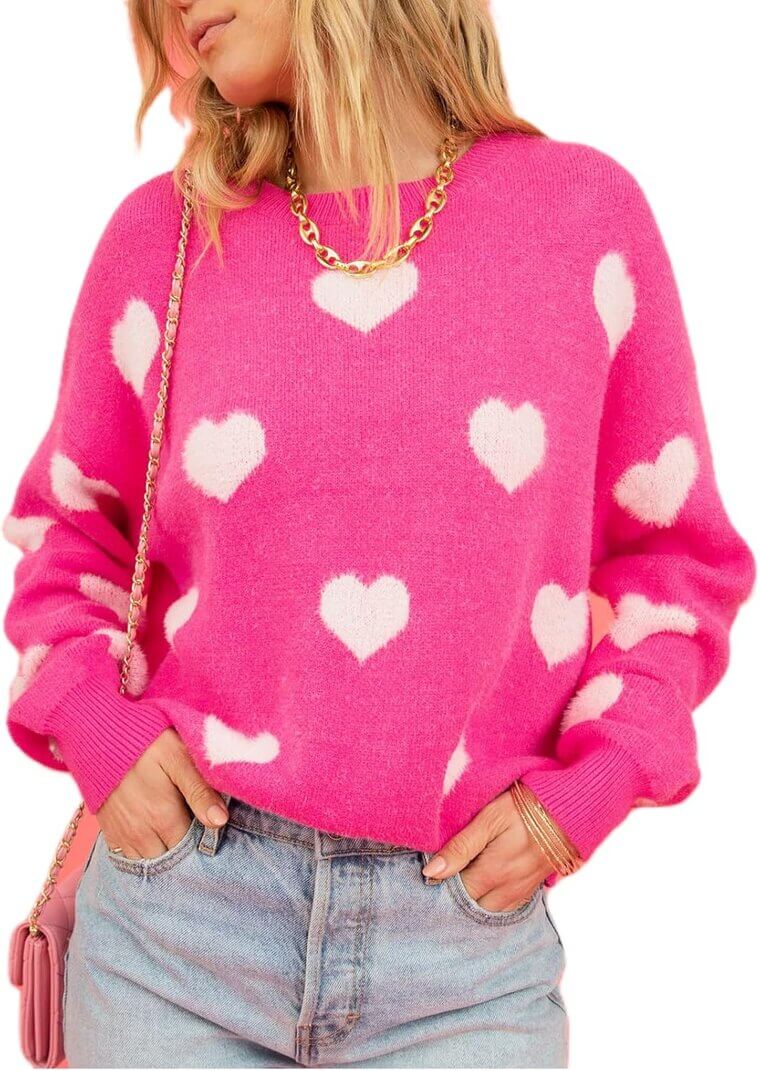 Heart Print Sweater - Cute & Casual Crewneck Love Top 