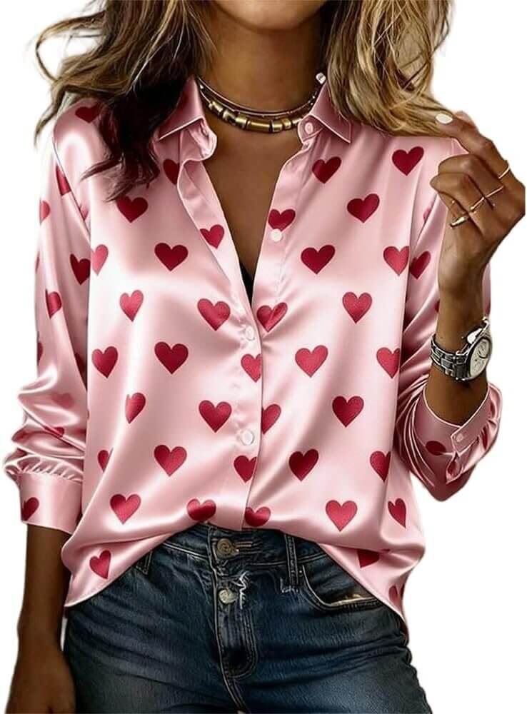 Heart Print Satin Shirt - Perfect for Valentine's Day! 
