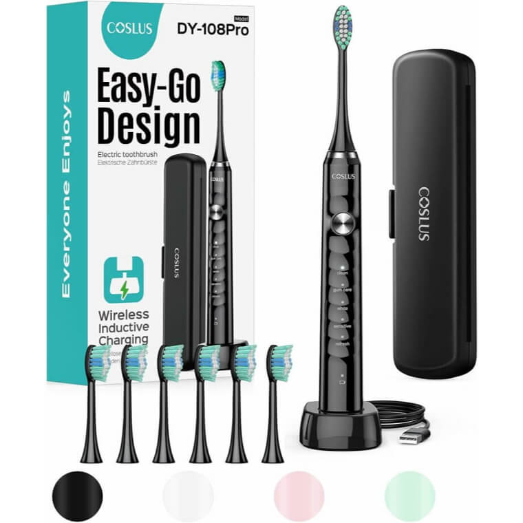 COSLUS Electric Toothbrush with Travel Case - 5 Modes, 6 Heads - Now 15% Off!