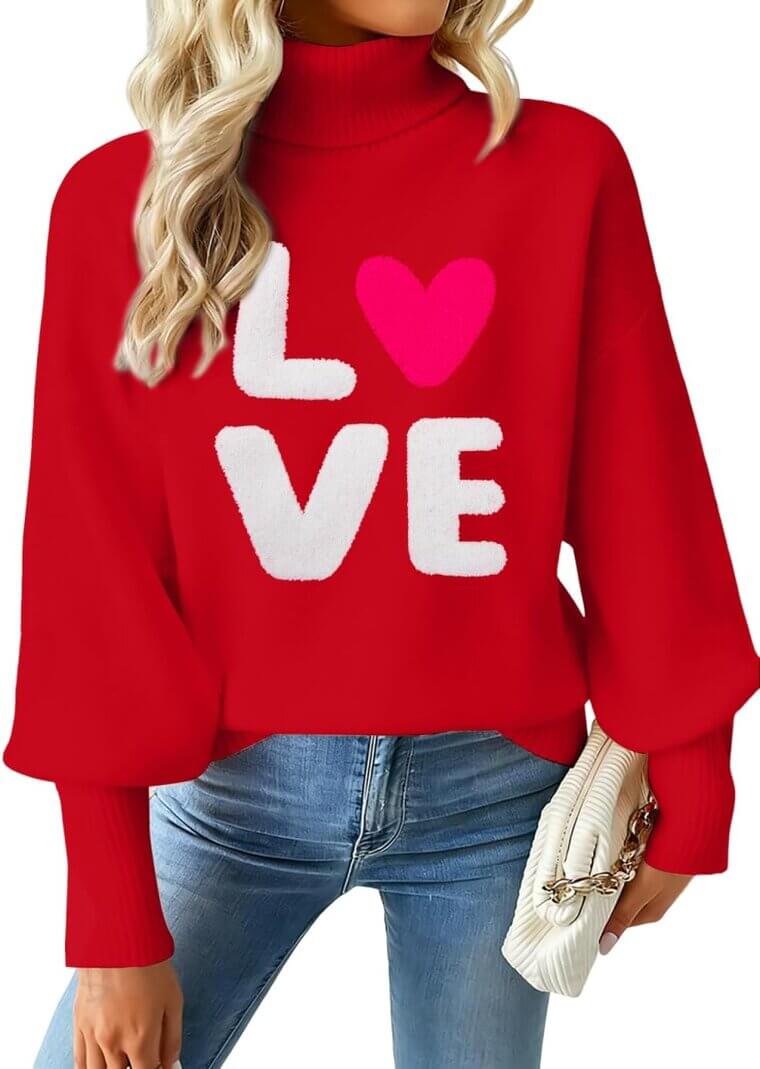 Valentines Sweater - Cozy Love Hearts Turtleneck for Women 