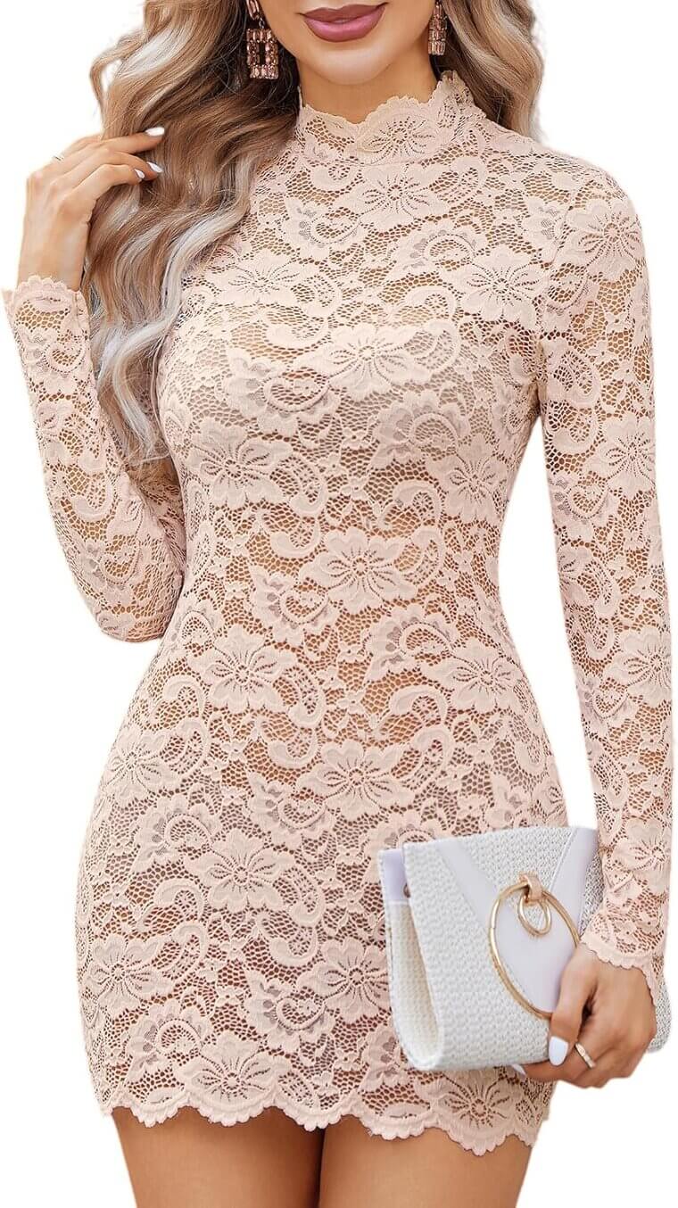 Avidlove Lace Dress - Elegant Sheer Long Sleeve Mini for Parties - 33% Off!