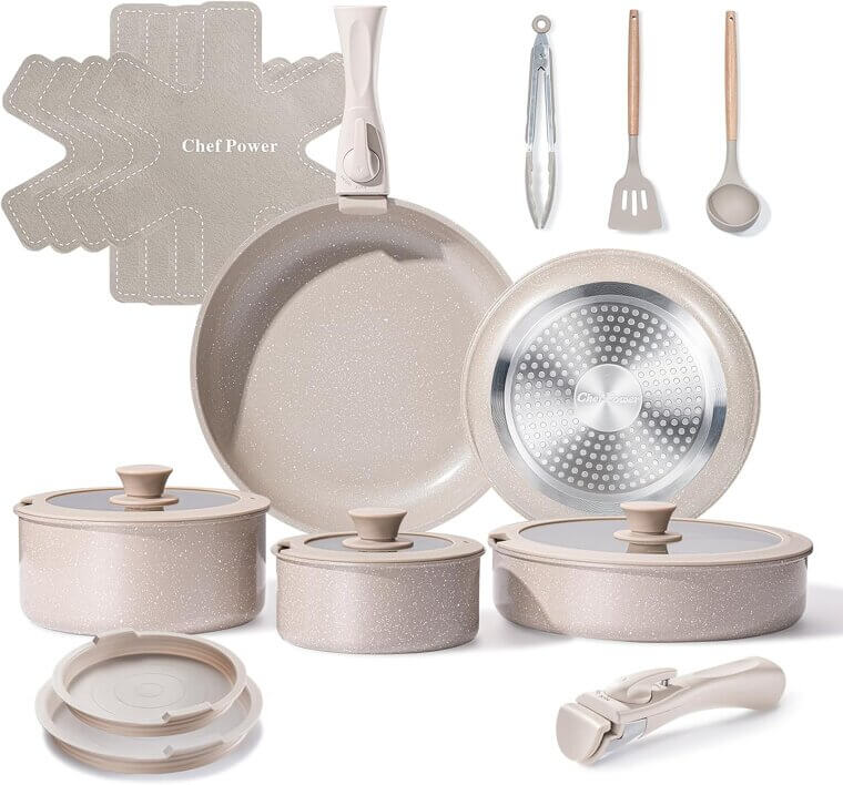 Chef Power Cookware Set - Space-Saving, Nonstick, Multi-Stove Friendly 