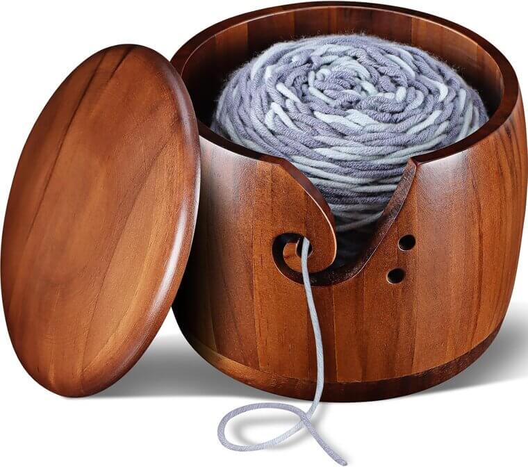Foxyoo Yarn Bowl - Smooth Wood, Large Size, Lid Included