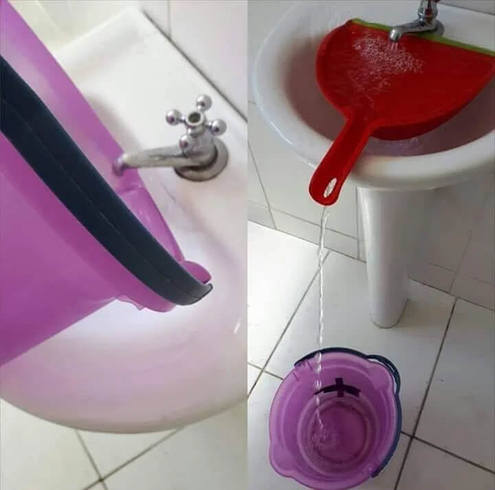 Use a Dustpan to Fill a Bucket That Won’t Fit in the Sink