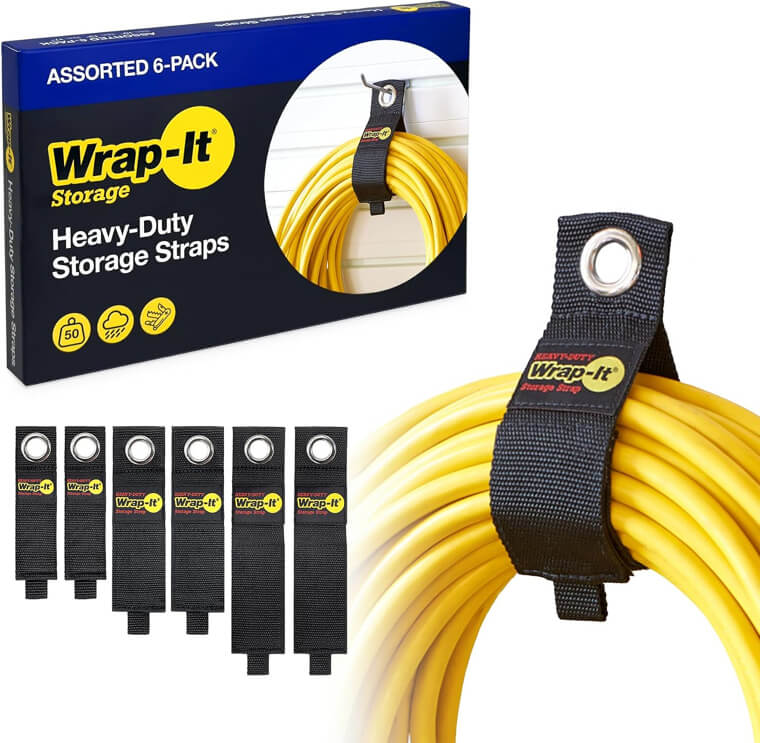 A Set of Heavy-Duty Wrap-It Storage Straps to Finally Conquer the Tangled Nightmare of Extension Cords and Garden Hoses in Your Garage.