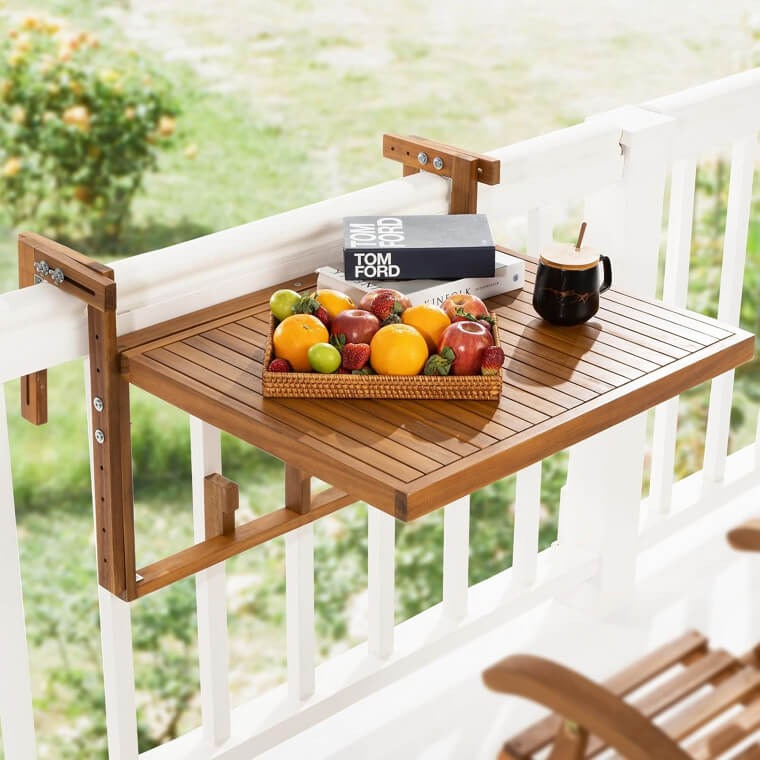 A Ready-To-Use, Foldable Railing Table That Instantly Turns Any Balcony Banister Into a Handy Bar Top.