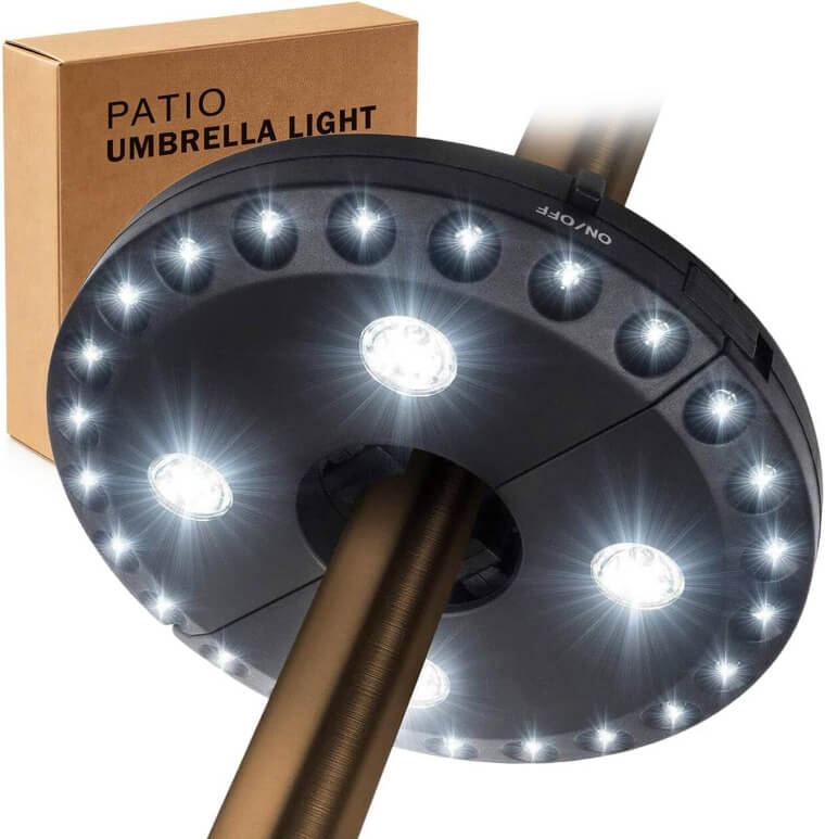 A Cordless Outdoor Umbrella Light Featuring Three Adjustable Brightness Settings to Easily Illuminate Your Patio Table After Dark.