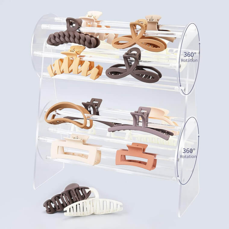 A Spinning Clear Acrylic Stand Designed Specifically to Organize Your Hair Accessories and Declutter Your Bathroom Vanity.
