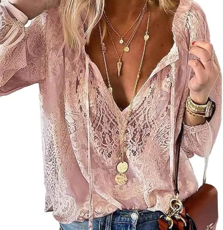Lace Tops - Stylish V-Neck Crochet Blouse with Long Sleeves 