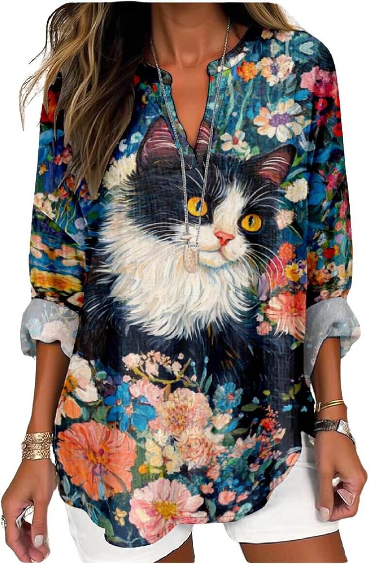 Cat Graphic Blouse - Fun and Cozy V-Neck Long Sleeve! 