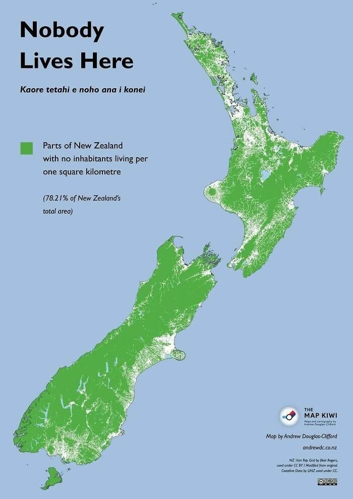 The Green Marks Where No-One Lives in New Zealand