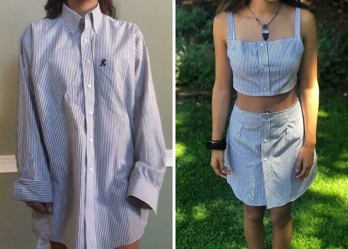 Transforme a camisa de botão antiga do seu pai ou namorado em um lindo conjunto que combine com você