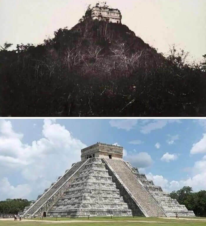 Chichén Itzá en 1892 vs. en la actualidad