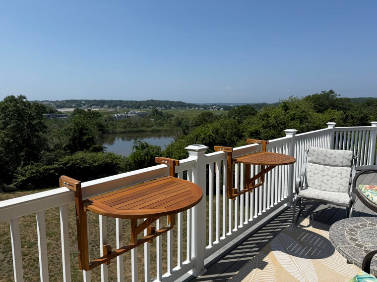 A Ready-To-Use, Foldable Railing Table That Instantly Turns Any Balcony Banister Into a Handy Bar Top.
