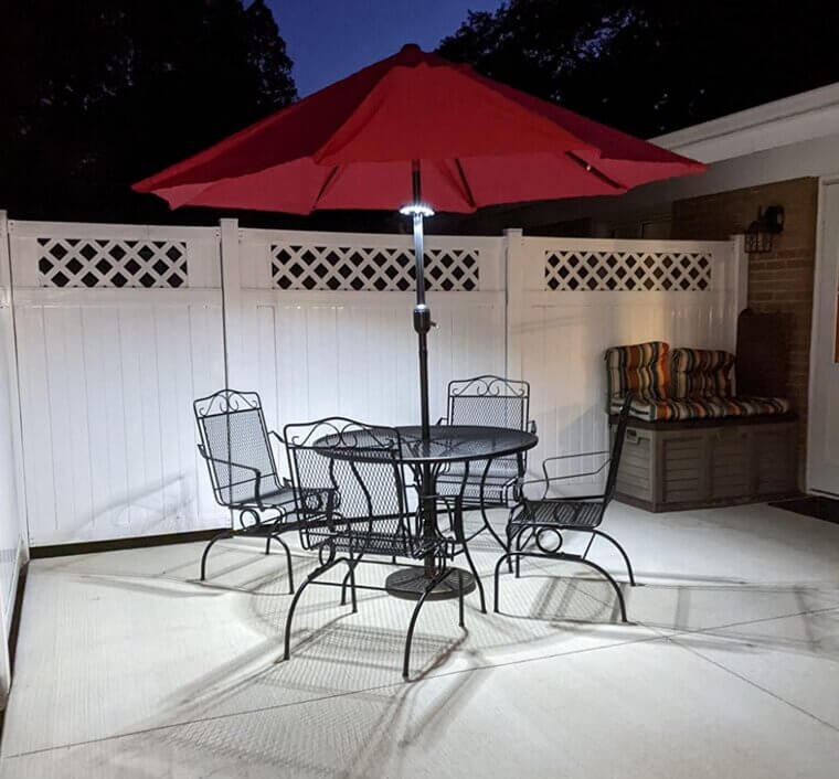 A Cordless Outdoor Umbrella Light Featuring Three Adjustable Brightness Settings to Easily Illuminate Your Patio Table After Dark.