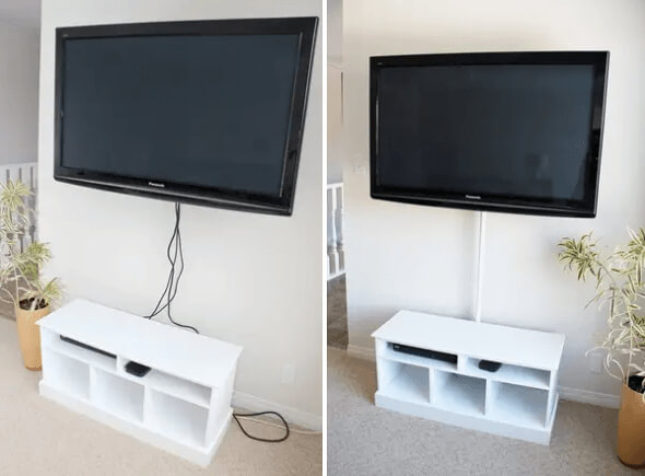 Esconda os fios pendurados atrás da sua TV com uma vara de cortina de chuveiro