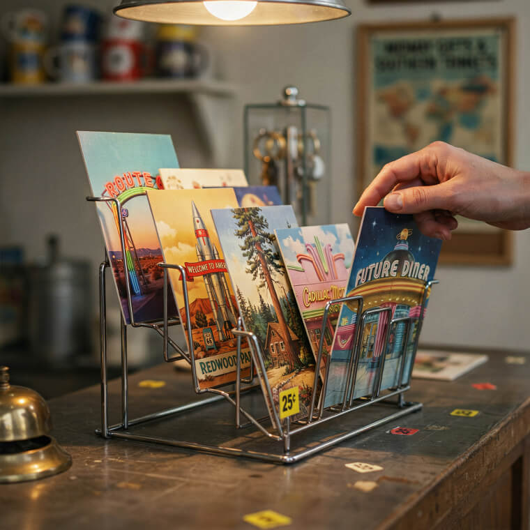 Flipping Through Colorful Postcard Racks at Gift Shops