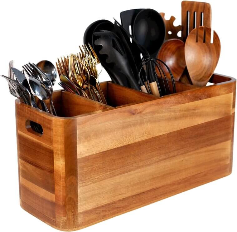 Wooden Utensil Holder - Stylish Kitchen Organizer with 4 Compartments - Enjoy 14% Off!