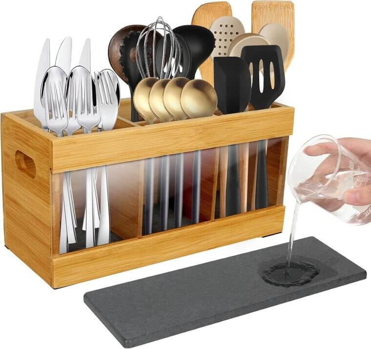 Bamboo Utensil Holder - Stylish Kitchen Organizer with Drying Base 