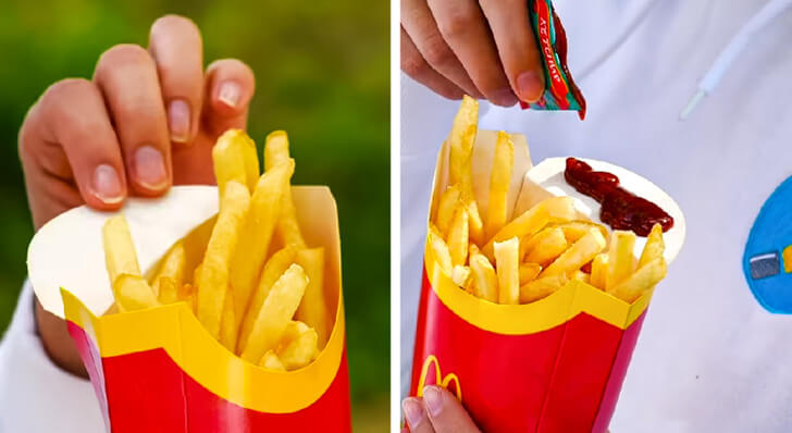 A dobra das caixas de batatas fritas do McDonald's serve de suporte para ketchup