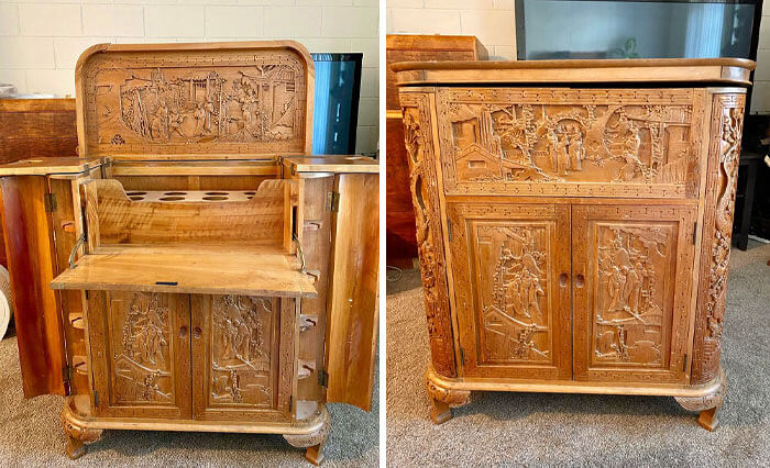 A Liquor Cabinet That Was Carved By Hand