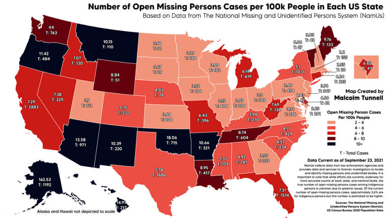 The Number of Open Missing Persons Cases per 100k People by State