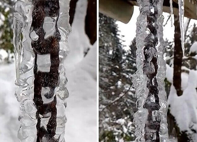 De la glace s'est formée tout autour de cette chaîne de pluie