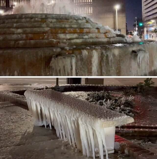 Cette fontaine au Texas s'est transformée en glace