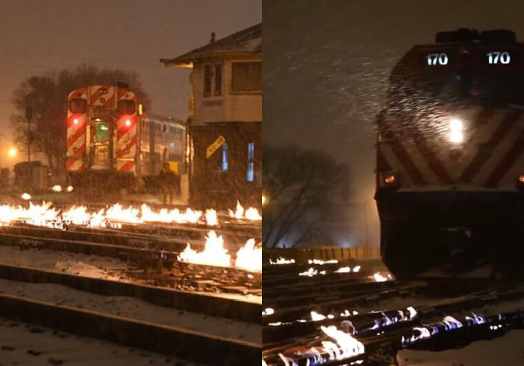 Chauffer les rails de train avec du feu
