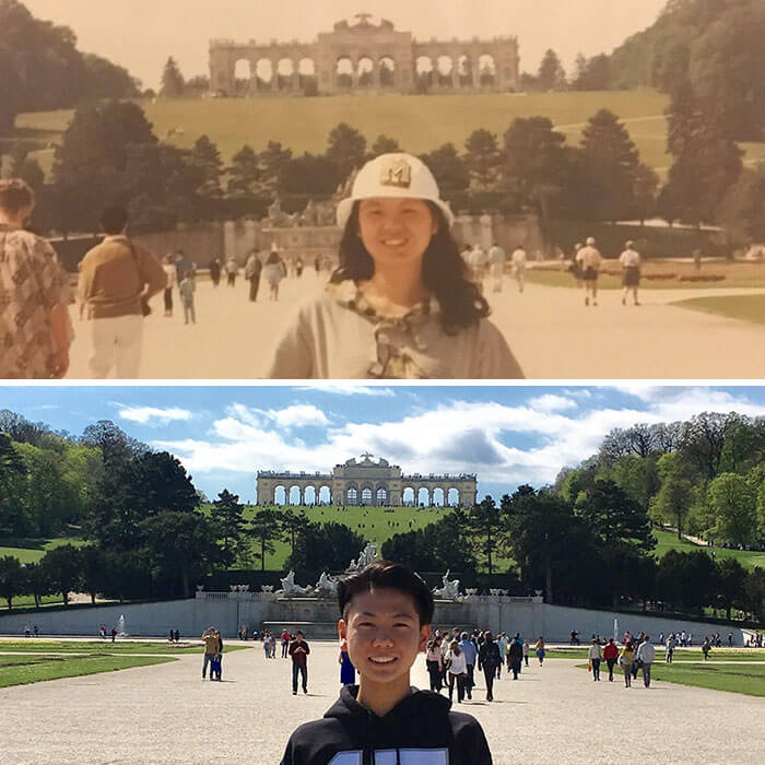 His Mom In Front Of Schönbrunn Palace In 1991 Vs. Him At The Same Place In 2017