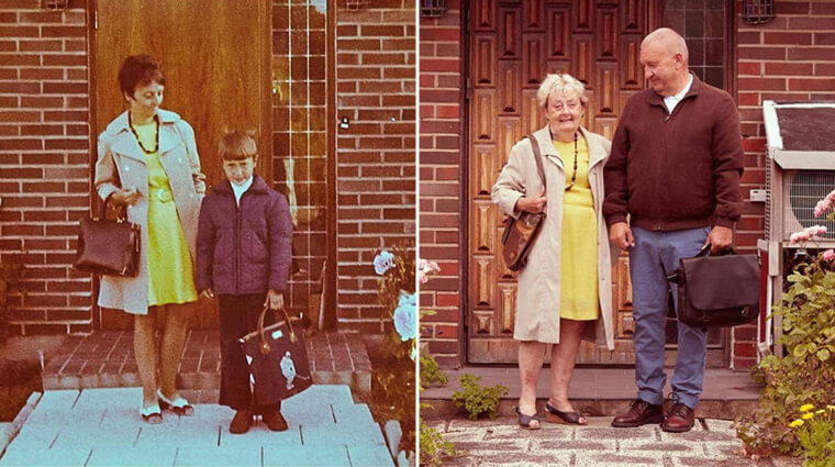 Mother And Son On The First Day Of School And 50 Years Later Headed To Work