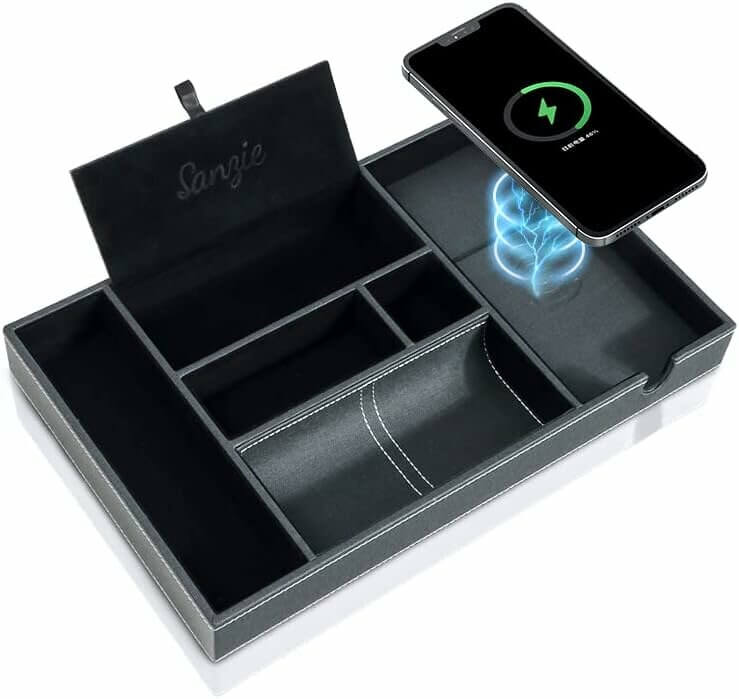 SANZIE Leather Tray with Wireless Charger - Stylish Nightstand Organizer