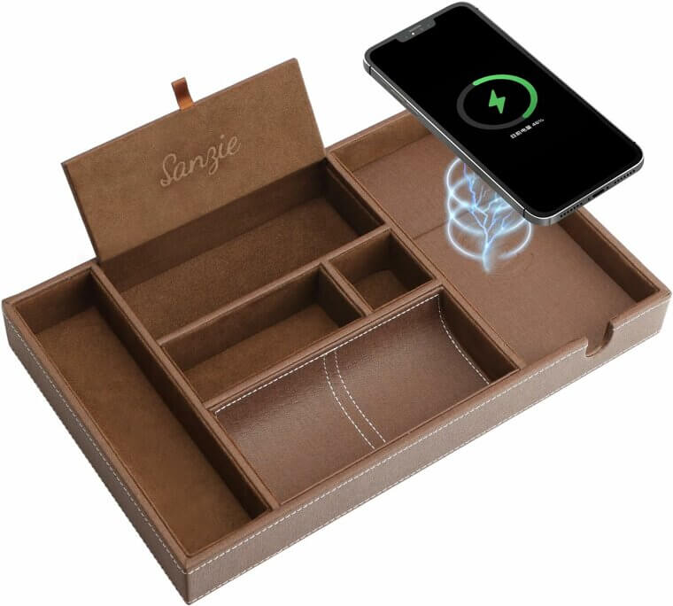 SANZIE Leather Tray with Wireless Charger - Organize & Charge Effortlessly