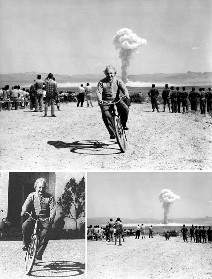 ​A Bomb Exploding While Einstein Happily Rides A Bicycle