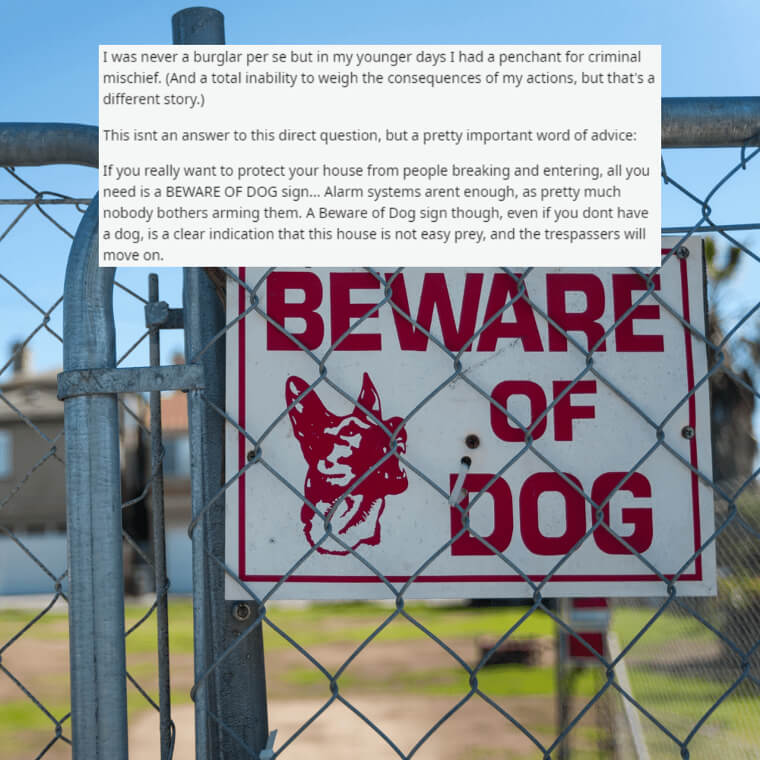 The sign "Beware of the dog" is essential