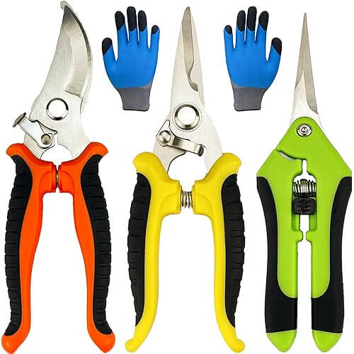 Complete 4-Pack Pruning Shears Kit that Includes Protective Gloves. 