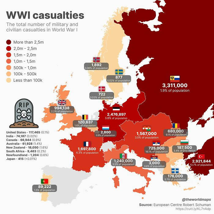 A Map Of The Casualties Suffered During WWI