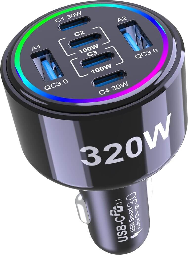 320W Car Charger with 6 Fast-Charging Ports - Perfect for All Your Devices